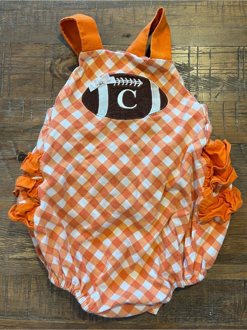 “C” Orange Gingham Baby Romper with Football Appliqué